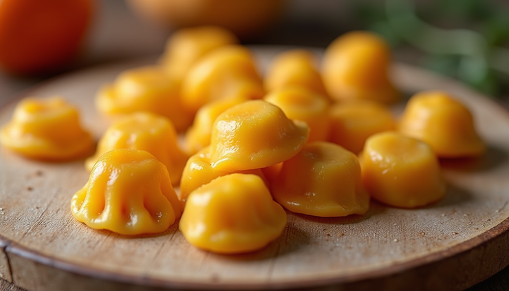 Primo piano di gnocchi di zucca appena preparati su un piano di lavoro in legno