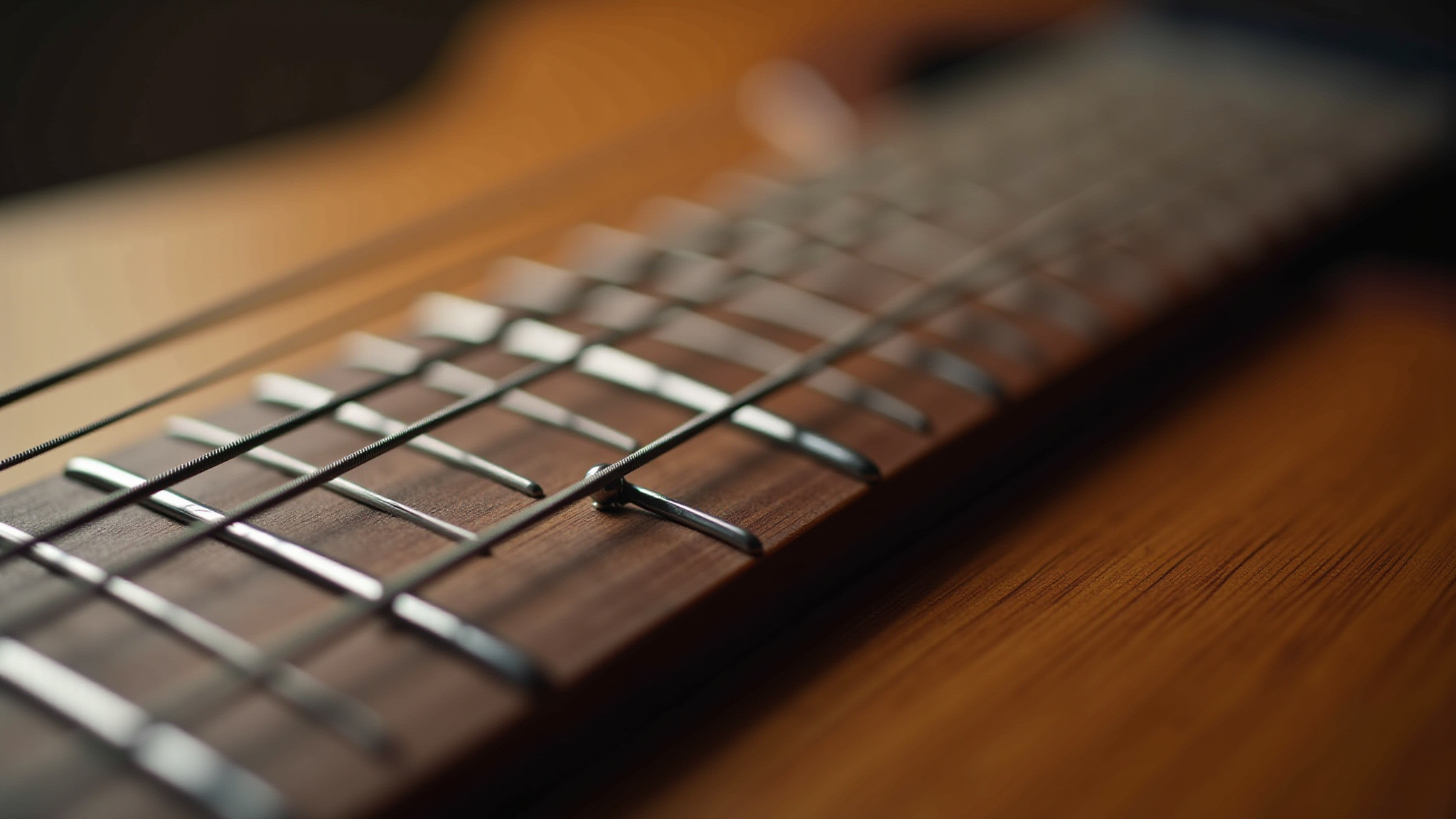 close up of guitar fretboard with strings used as background