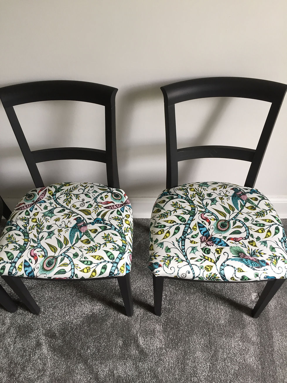 Thumbnail: Refurbished and Hand Painted Pedestal Dining Table and Four Reupholstered Dining