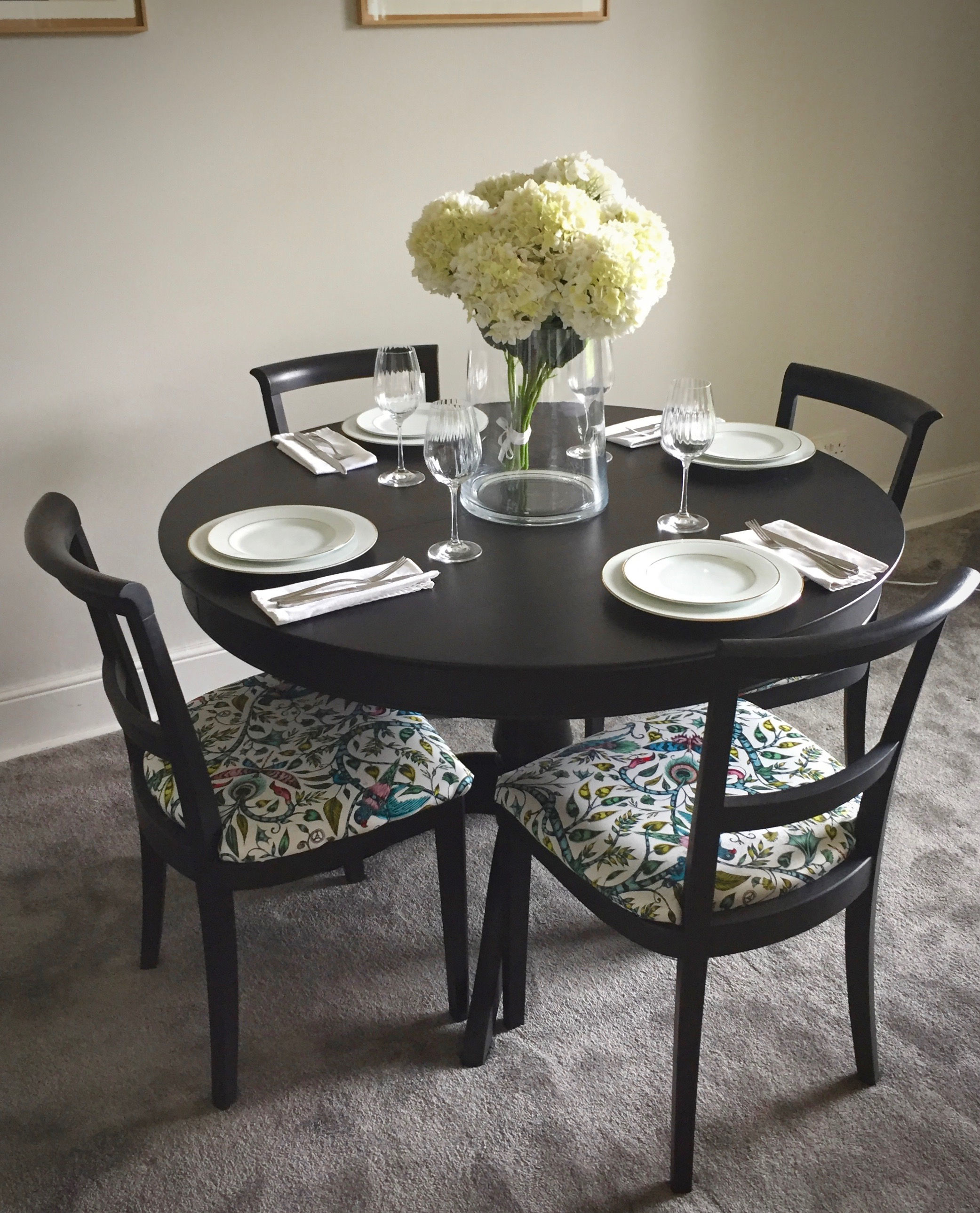 Refurbished and Hand Painted Pedestal Dining Table and Four Reupholstered Dining