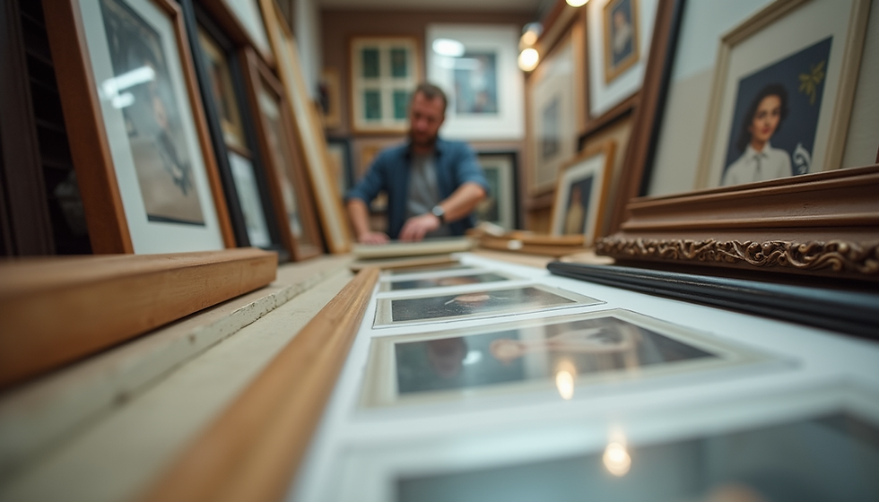Inside a professional framing studio with multiple frames and artwork being prepared by a craftsman at Regency Fine Art & Frame.