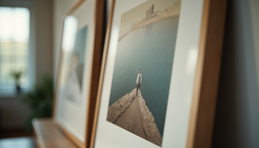 Close-up of framed photograph with matting and glass, showcasing clarity and depth in professional custom framing.