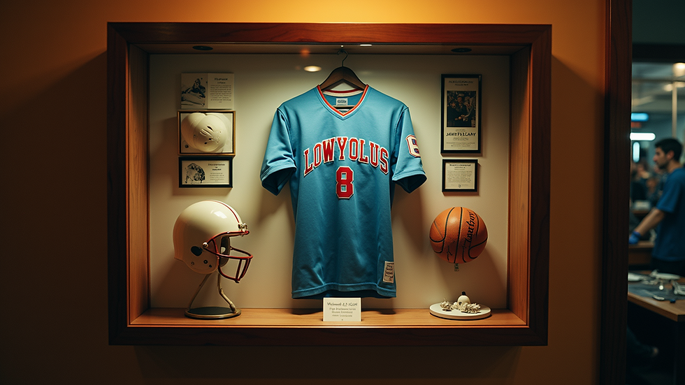 Eye-level view of a shadow box displaying vintage sports memorabilia