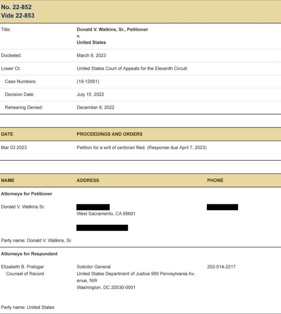 U.S. Supreme Court Docket Entry for Donald V. Watkins, Sr. v. United States of America.