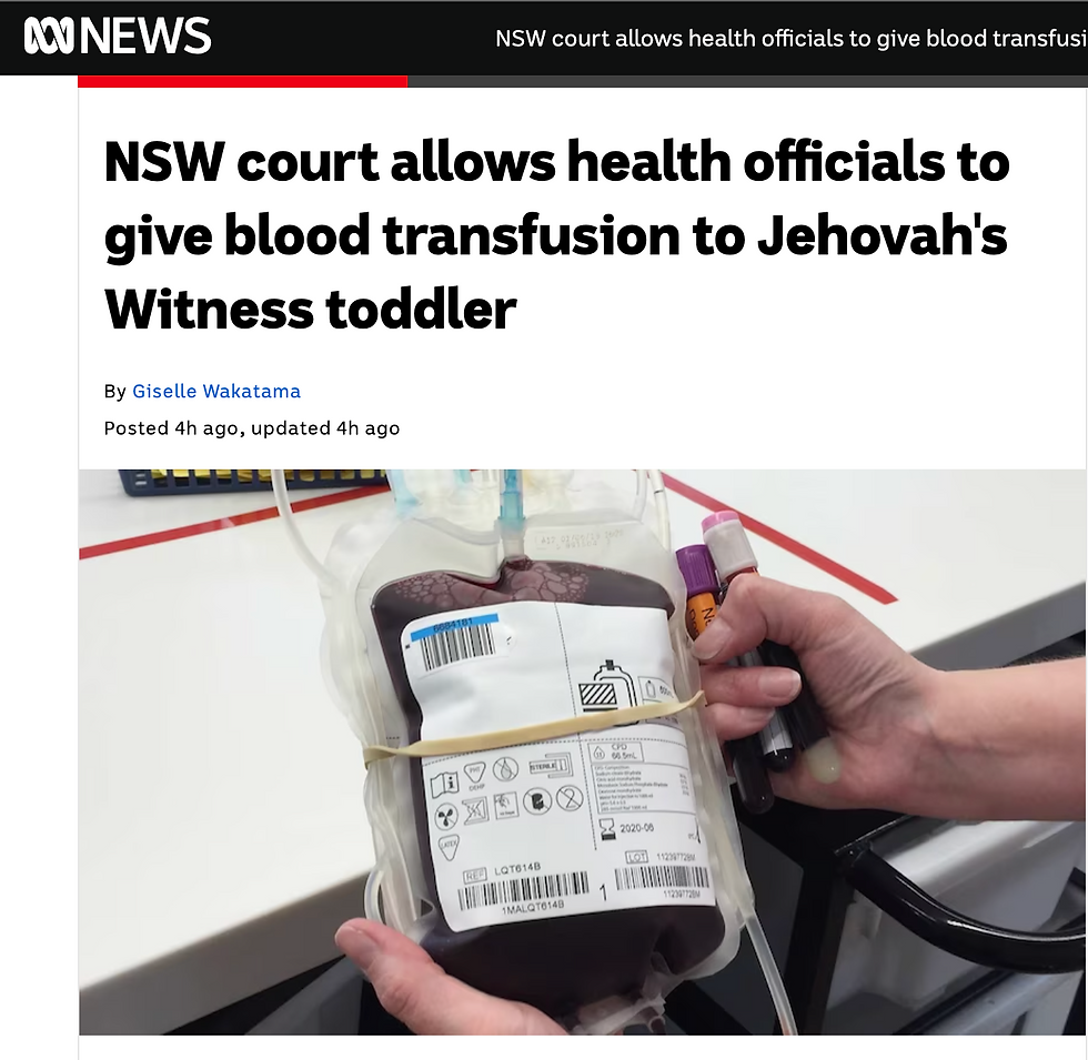 Jehovah’s Witness parents object to blood transfusions for their children based on biblical interpretations.