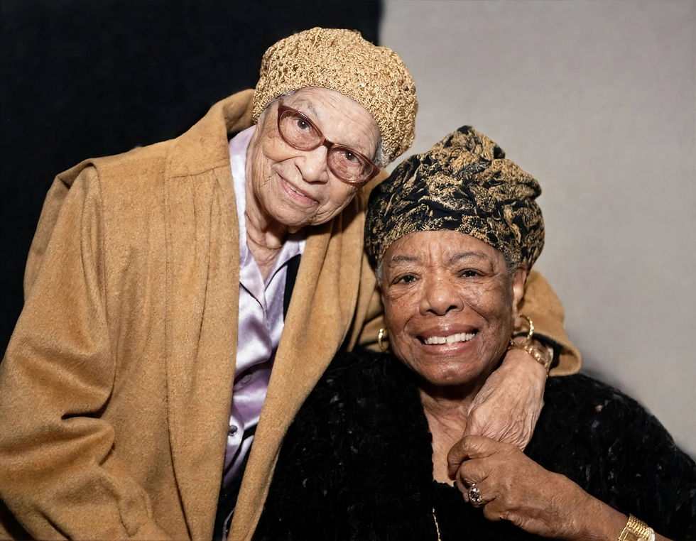 Mrs. Lillian Watkins (left), the matriarch of the Watkins family, hugs Dr. Maya Angelou, aclose family friend.
