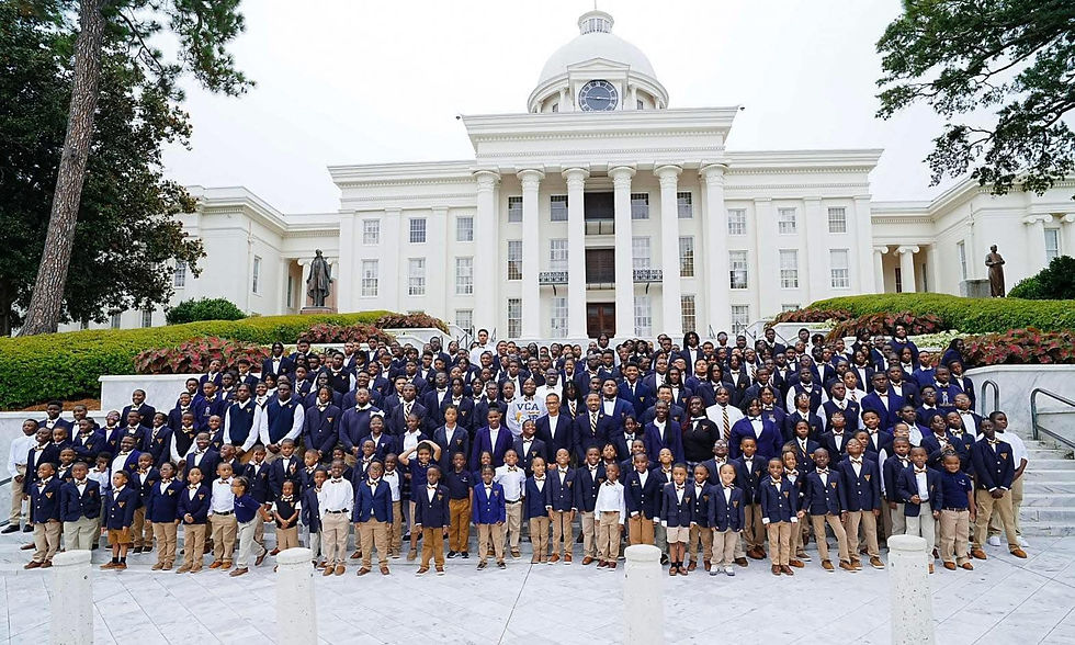 Valiant Cross Academy students in front of the Alabama State Capitol in 2025