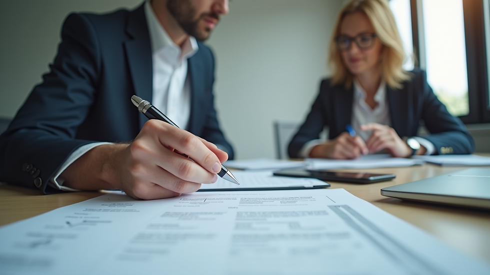 Close-up view of a recruitment consultant reviewing resumes in an office