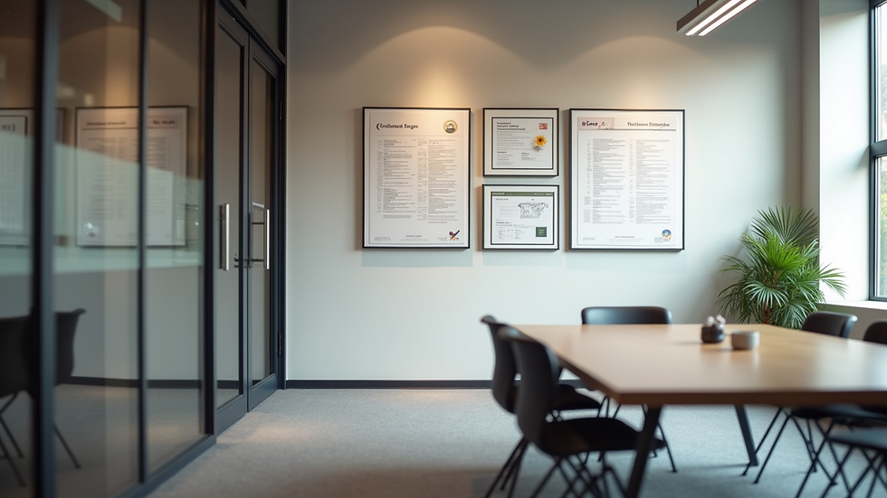 Eye-level view of a modern Melbourne office with real estate certificates on the wall