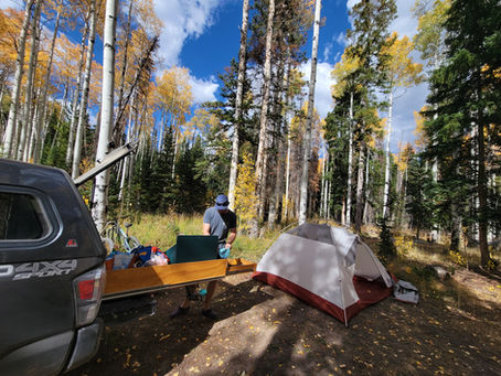 Camping scene in a forest with autumn leaves. A person prepares items near an open 4x4 truck and a pitched tent under a blue sky.