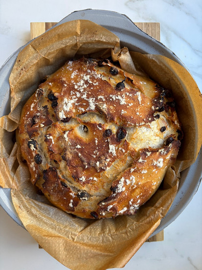 White sourdough raisin bread freshly baked and resting inside a Dutch oven