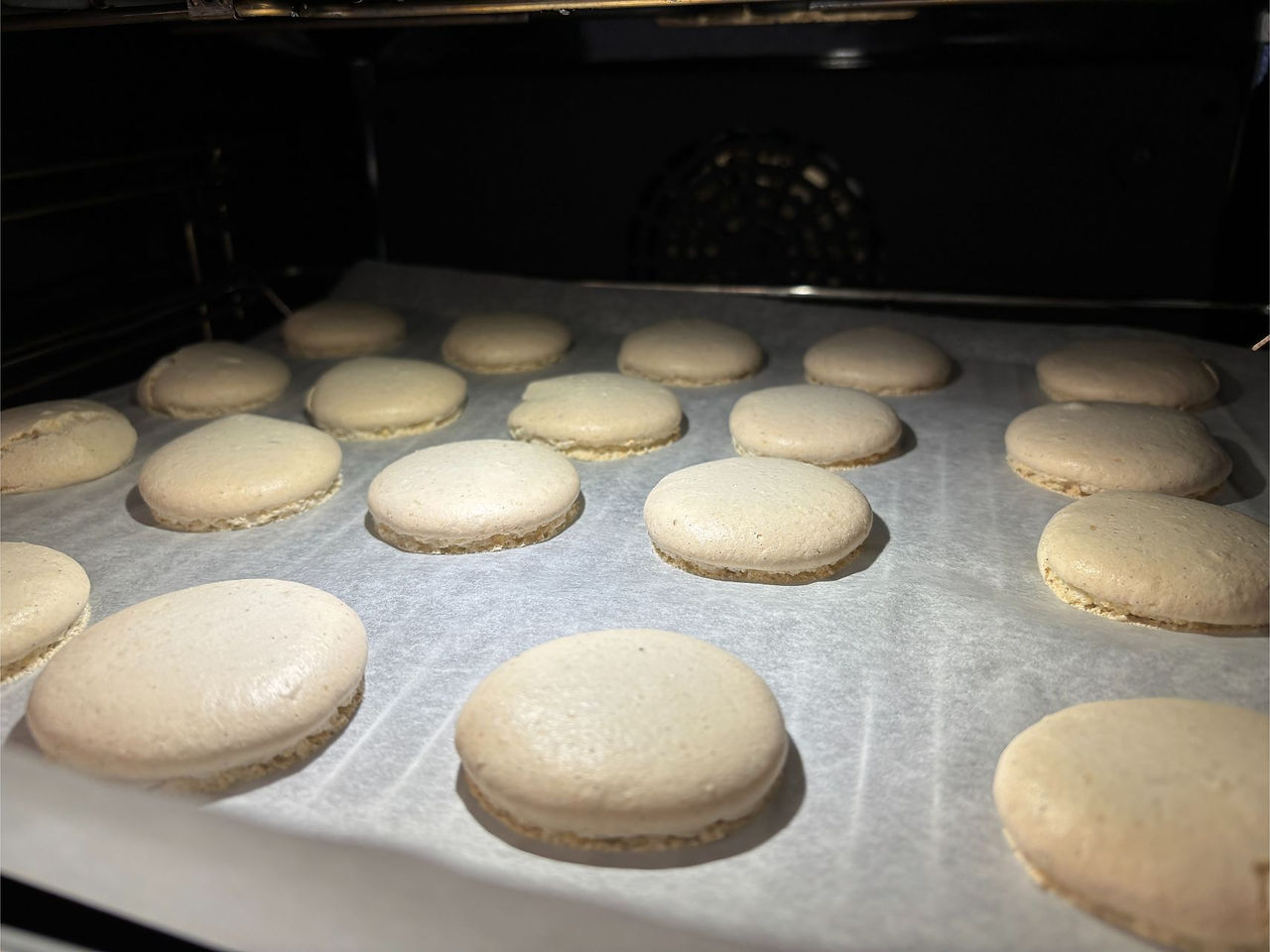 Macarons in oven rising evenly and developing classic feet