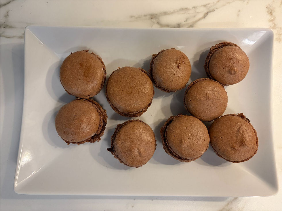 Ready to eat macarons featuring smooth shells with citrus chocolate aroma