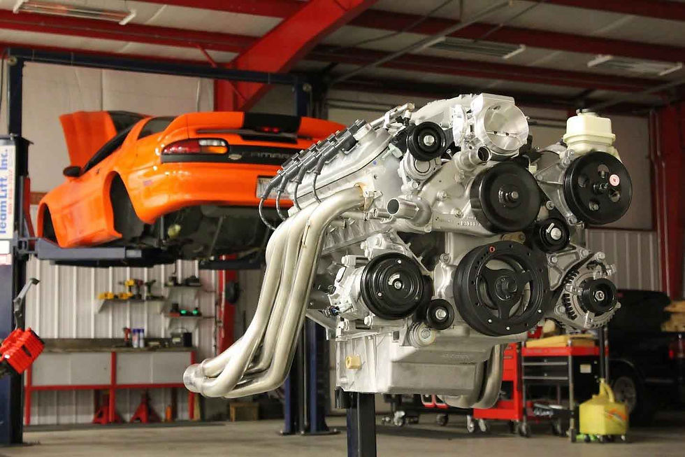 LS7 V8 engine from PR-3 mounted on an engine stand during the 2014 conversion process.