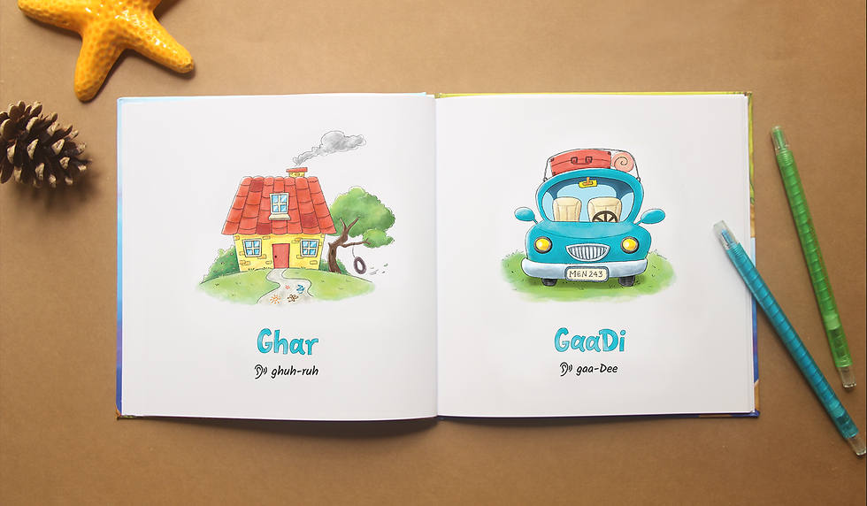 Planet pathrado: watercolour illustrations and lettering for a children's language book to learn Konkani