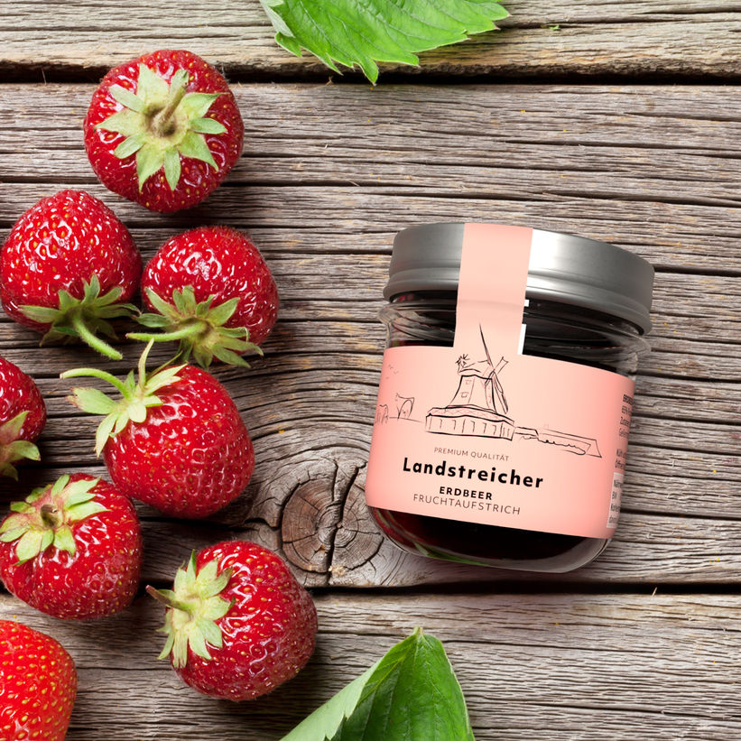 Landstreicher Fruchtausstrich Erdbeere mit Siegel Das Etikett auf Rolle