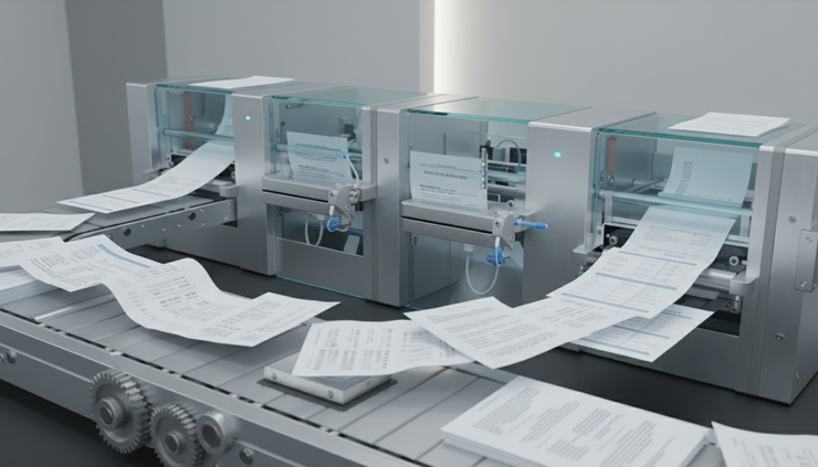 Wide-angle view of organized financial forms flowing through a clean automated processing station