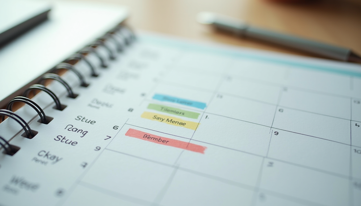 High angle view of a calendar with scheduled blog post dates marked