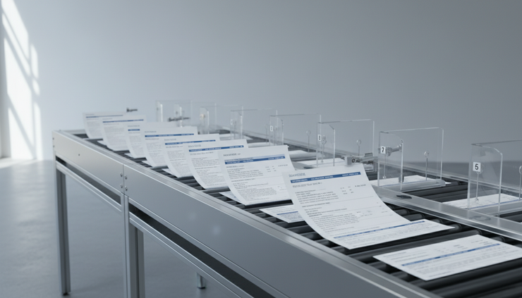 Wide-angle view of organized invoices moving through a clean automated sorting tray