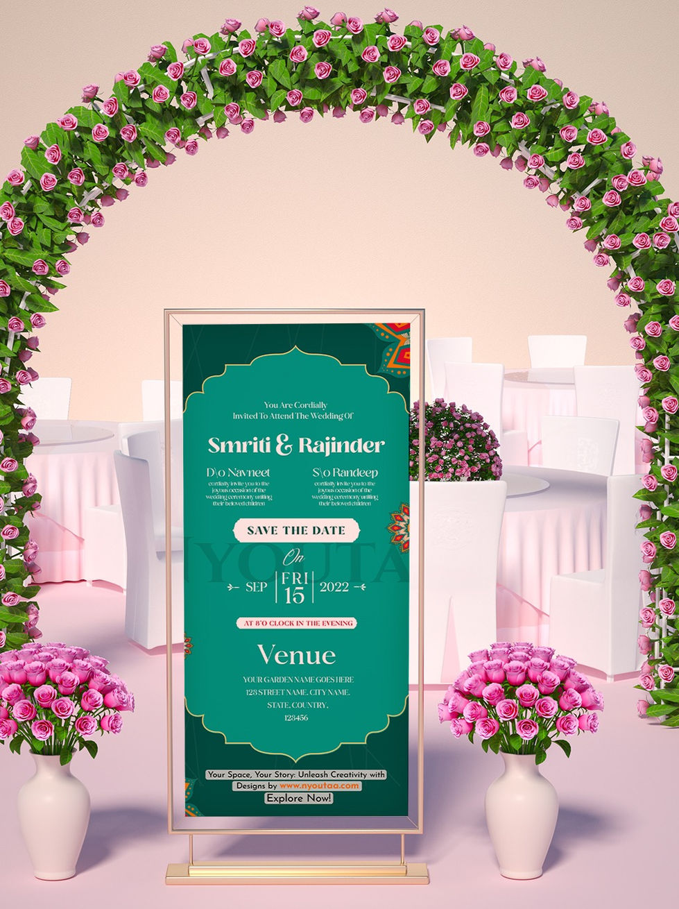 www.nyoutaa.com - a wedding invitation is displayed in front of tables and chairs