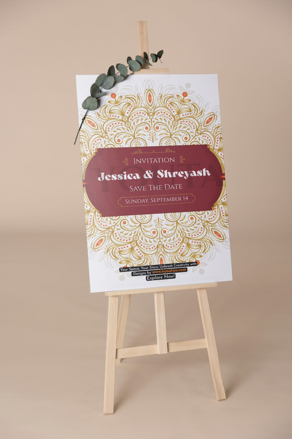 www.nyoutaa.com - a wedding invitation for jessica and shreyash is displayed on an easel