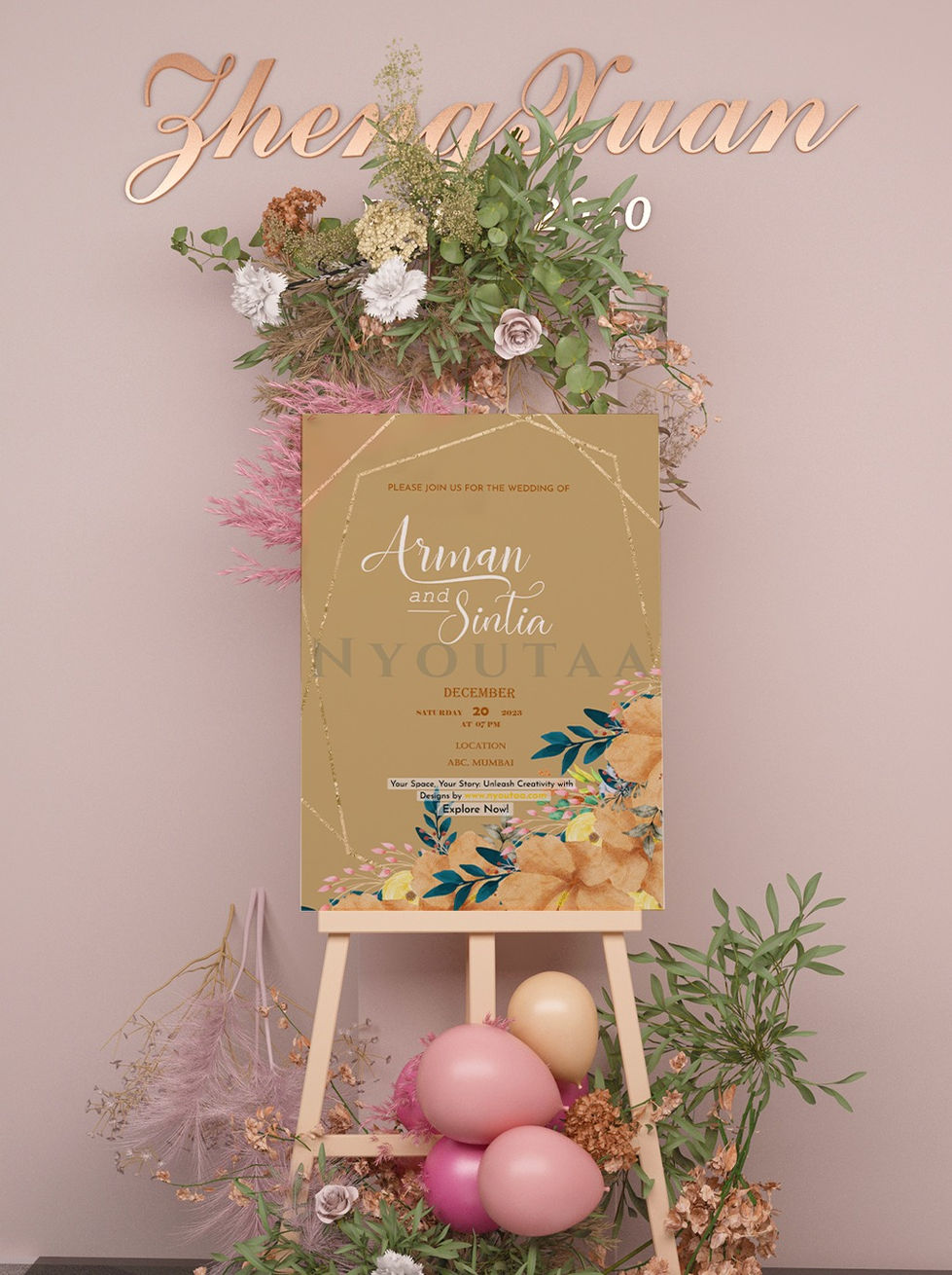 www.nyoutaa.com - a wedding invitation for arman and sintia is on an easel