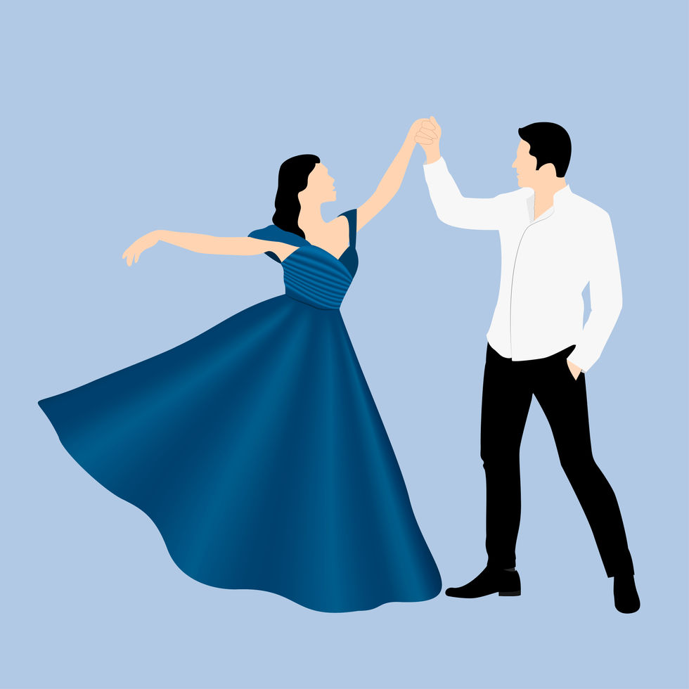 Wedding Caricature-a man in a white shirt and a woman in a blue dress are dancing