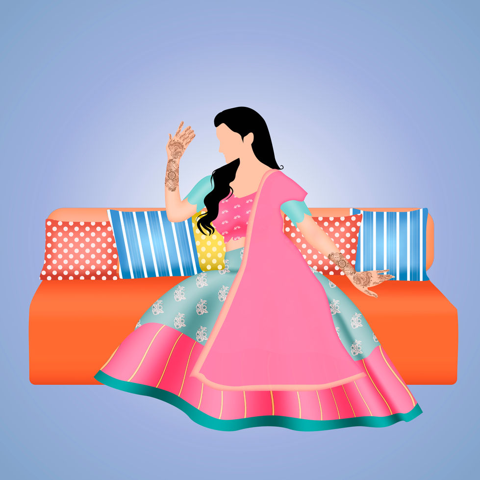 Wedding Caricature-a woman in a pink and blue dress is sitting on an orange couch