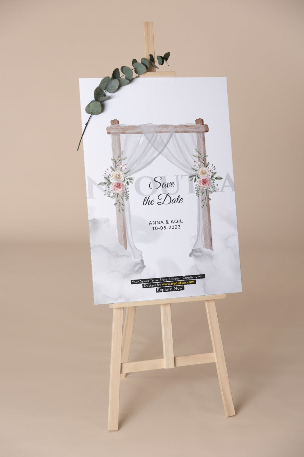 www.nyoutaa.com - a save the date for anna and aqil is on an easel