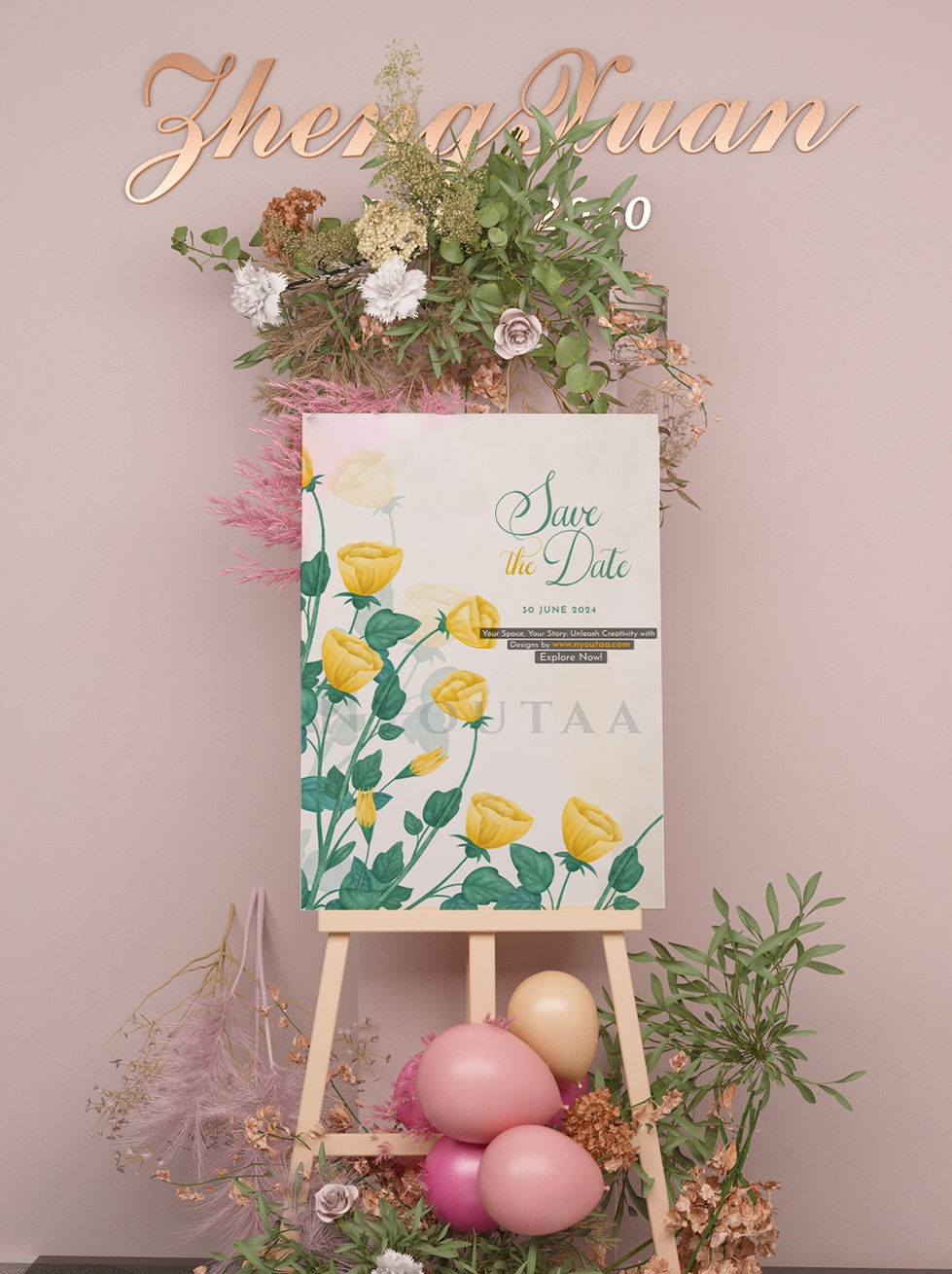 www.nyoutaa.com - a save the date card with yellow flowers on it