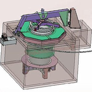 Technical schematic diagram and layout of the concrete pipe machine system, detailing its structural framework, internal mould components, and integrated crane mechanism.