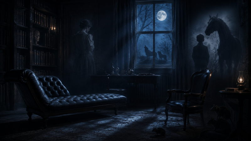 Sala psicanalítica escura com divã, janela azul, sombras simbólicas dos casos clínicos de Freud, incluindo Dora, Pequeno Hans, Homem dos Ratos e Homem dos Lobos