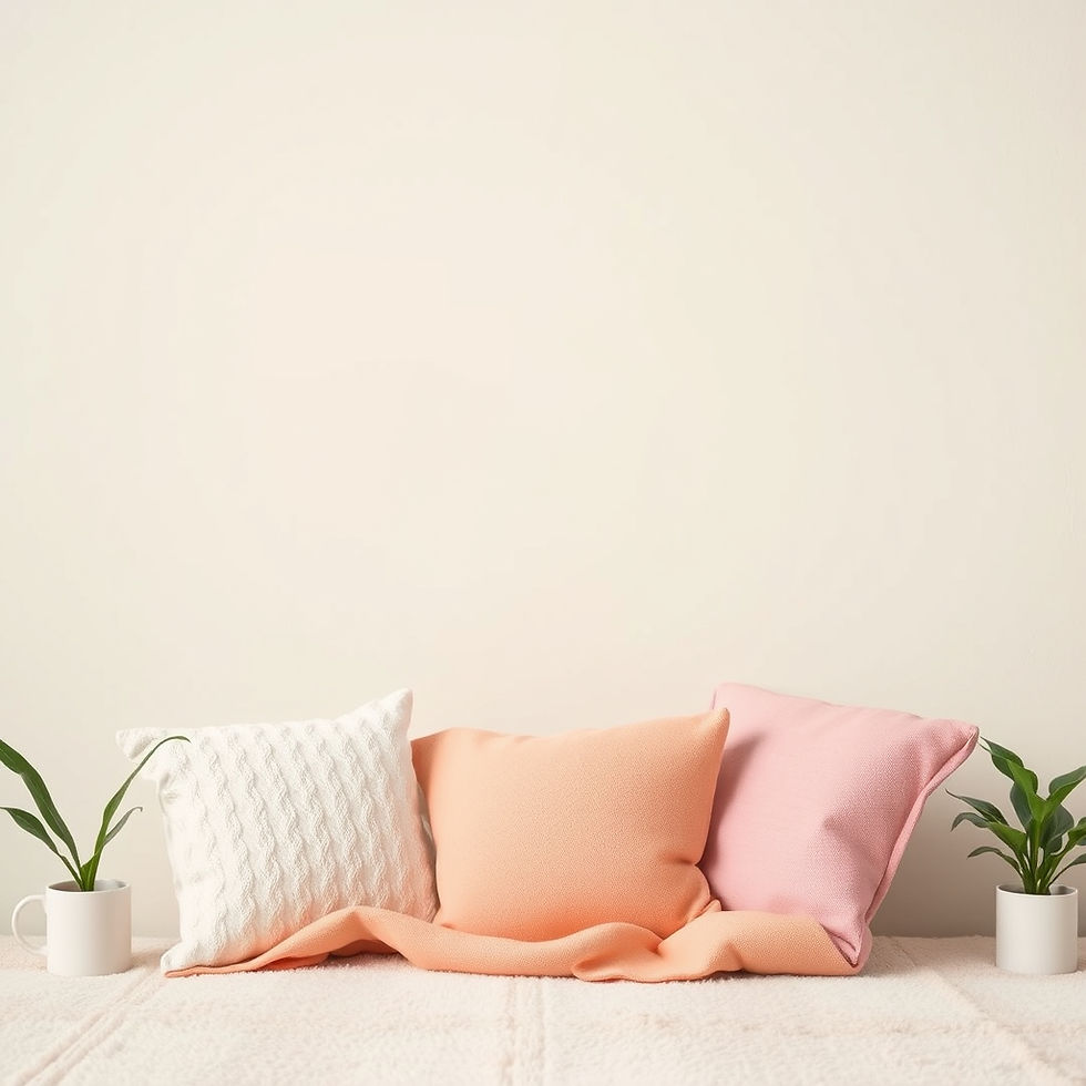 Peach, pink, white pillows on bed