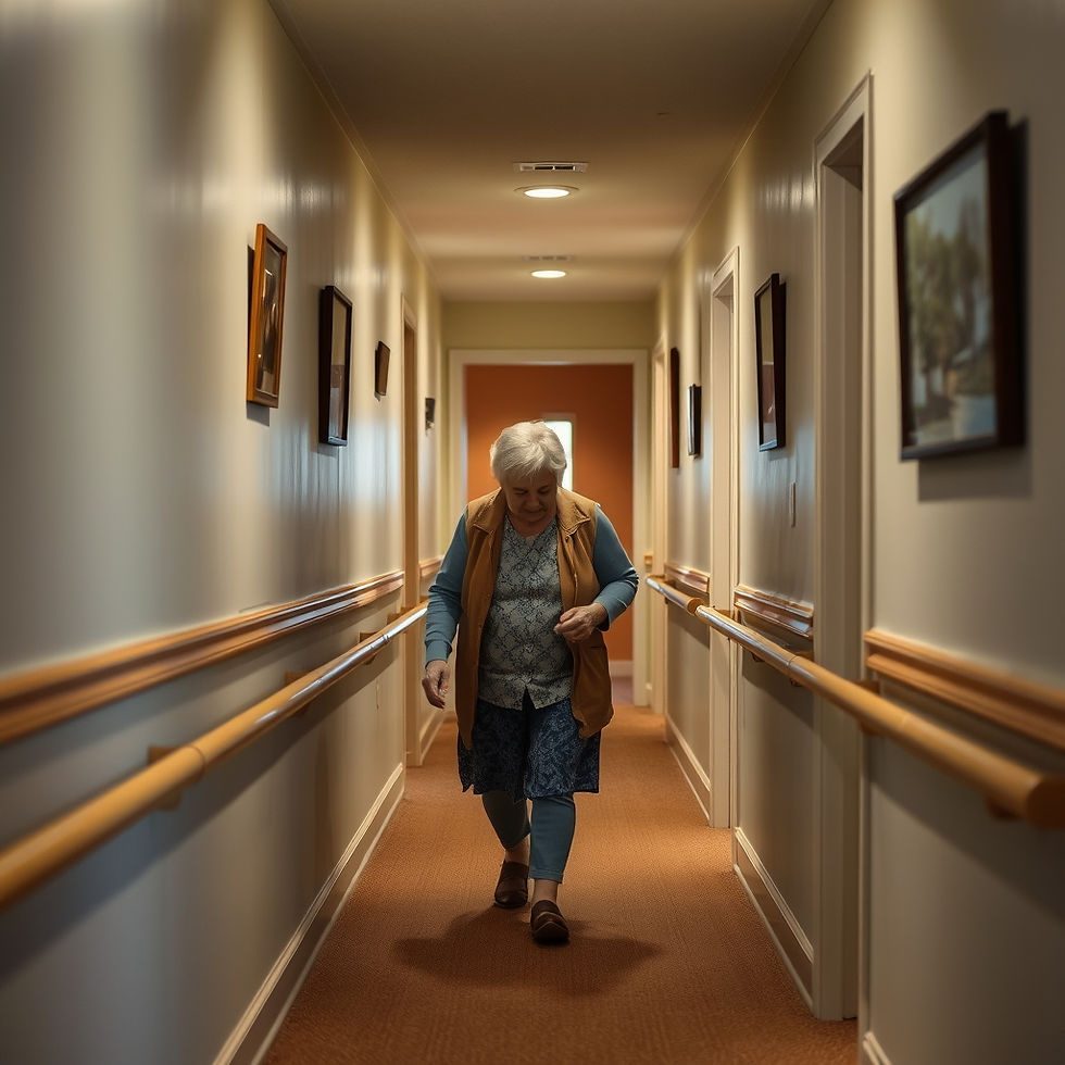 Eye-level view of a well-lit hallway with handrails