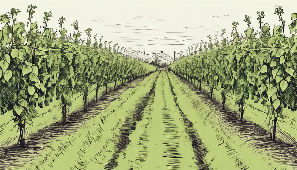 Eye-level view of a lush organic farm with rows of herbs