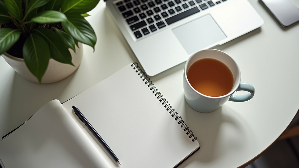 High angle view of a calm home office setup with a notebook and a cup of tea