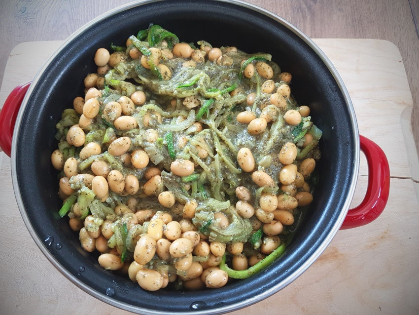 zoodles with soy beans and green pesto