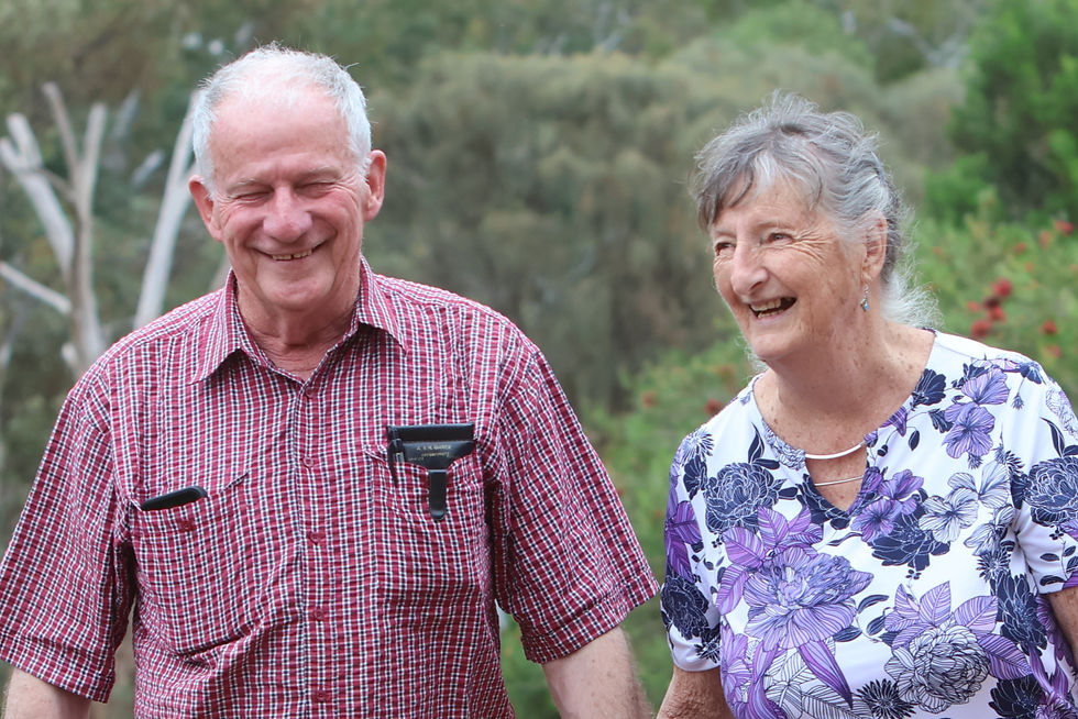 Older couple walking in a park holding hands