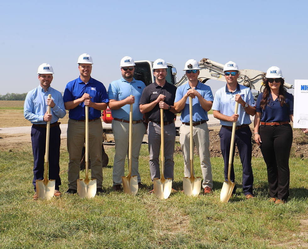 Members of the Executive Team at Nix Companies turn the ceremonial dirt on Thursday celebrating the groundbreaking of the new headquarters building on Frontage Road in Poseyville. Pictured, left to right, are Adam Nix, Jared Baehl, Adam Schmitt, Brandon Wright, Brian Merkley, Matthew Nix, and Lindsey Nix.