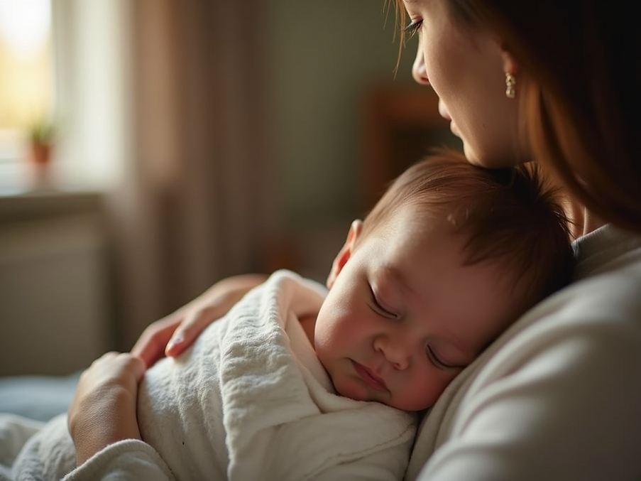 A parent gently cradles a sleeping baby in a warmly lit room, promoting tranquility and ex