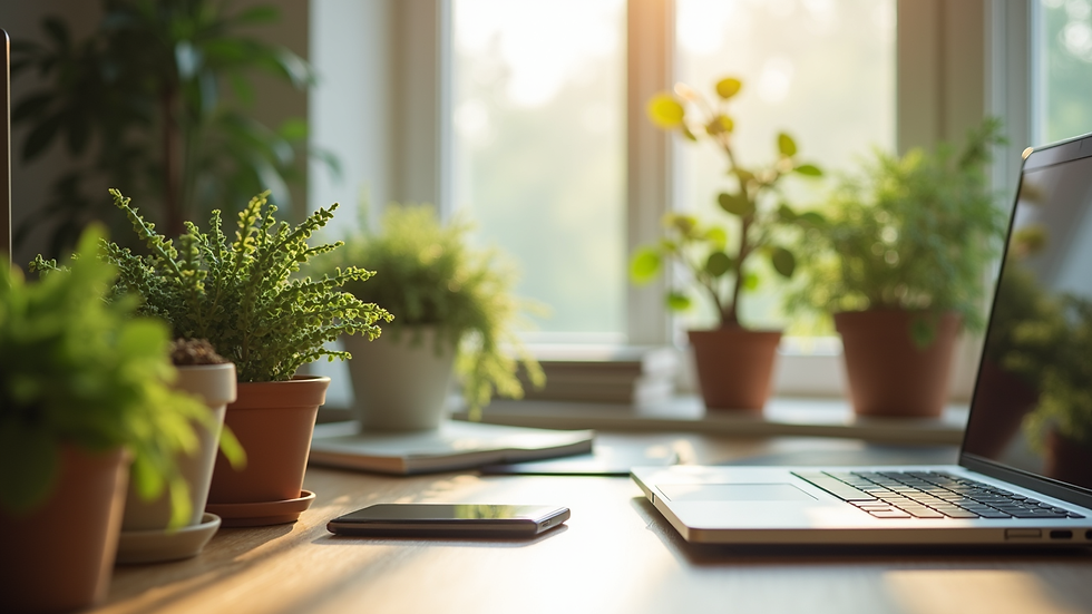 Close-up view of a serene workspace with plants and natural light