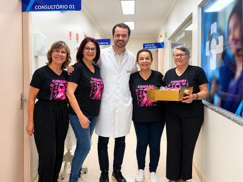 Médico e quatro mulheres em corredor de clínica, com camisetas pretas com laço rosa; uma segura uma caixa, sob placas CONSULTÓRIO 01/02.