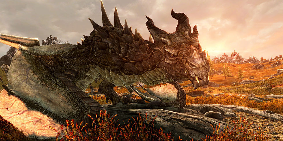 A dragon stands on a field of yellow grass as the sun sets behind it