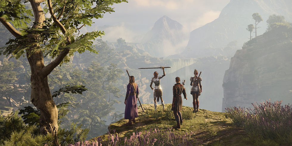 The party of adventurers stand near a cliff with mountains and a waterfall in the distance