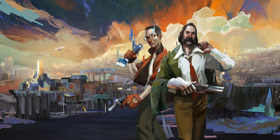 The two protagonists of the game stand side my side in front of the city of revachol