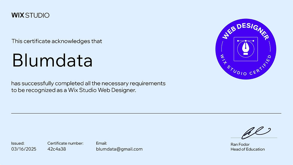 Certificate of blumdata given by Wix as certified Wix Web designer