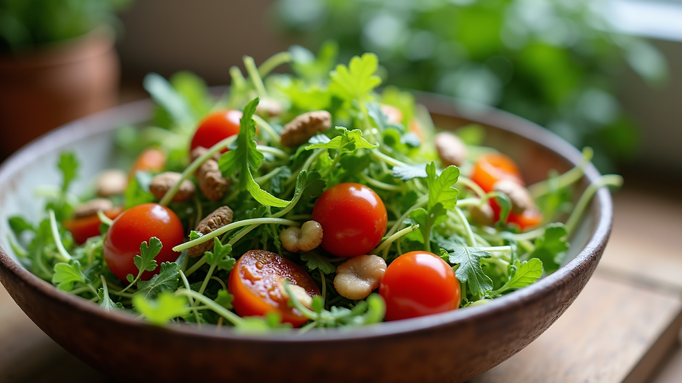 Close-up view of a colorful microgreens salad bowl with cherry tomatoes and nuts