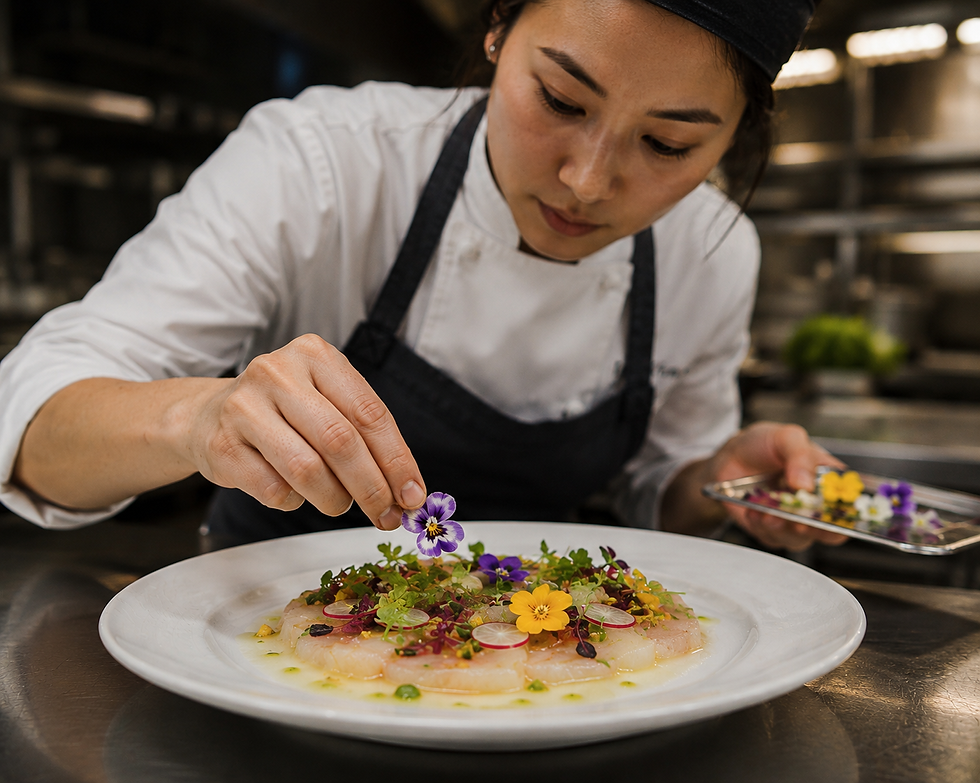 Chef with edible flower and microgreens from Coastal Microgreens