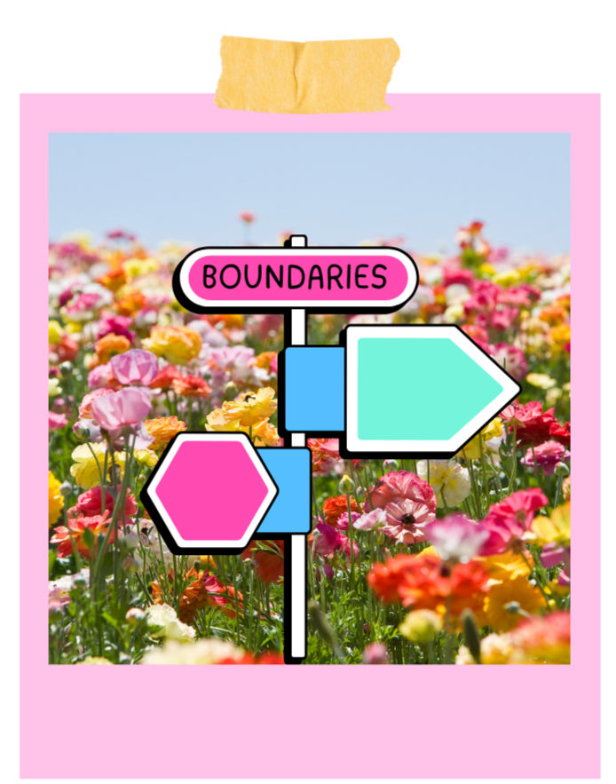 Colorful sign reading BOUNDARIES in a pink border over a field of blooming flowers under a clear blue sky