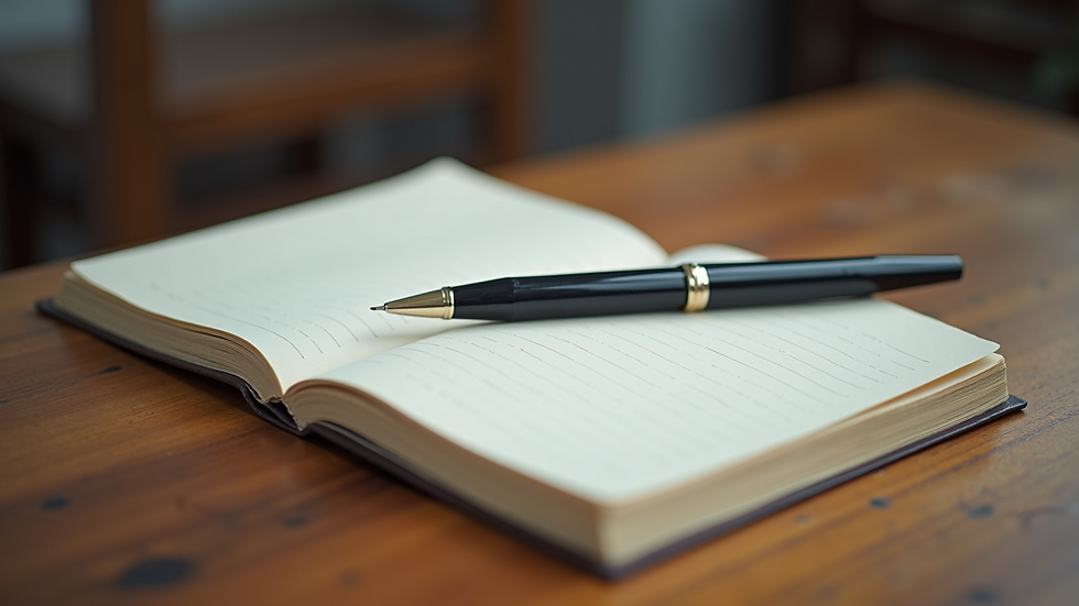 Close-up view of a journal and pen on a wooden table